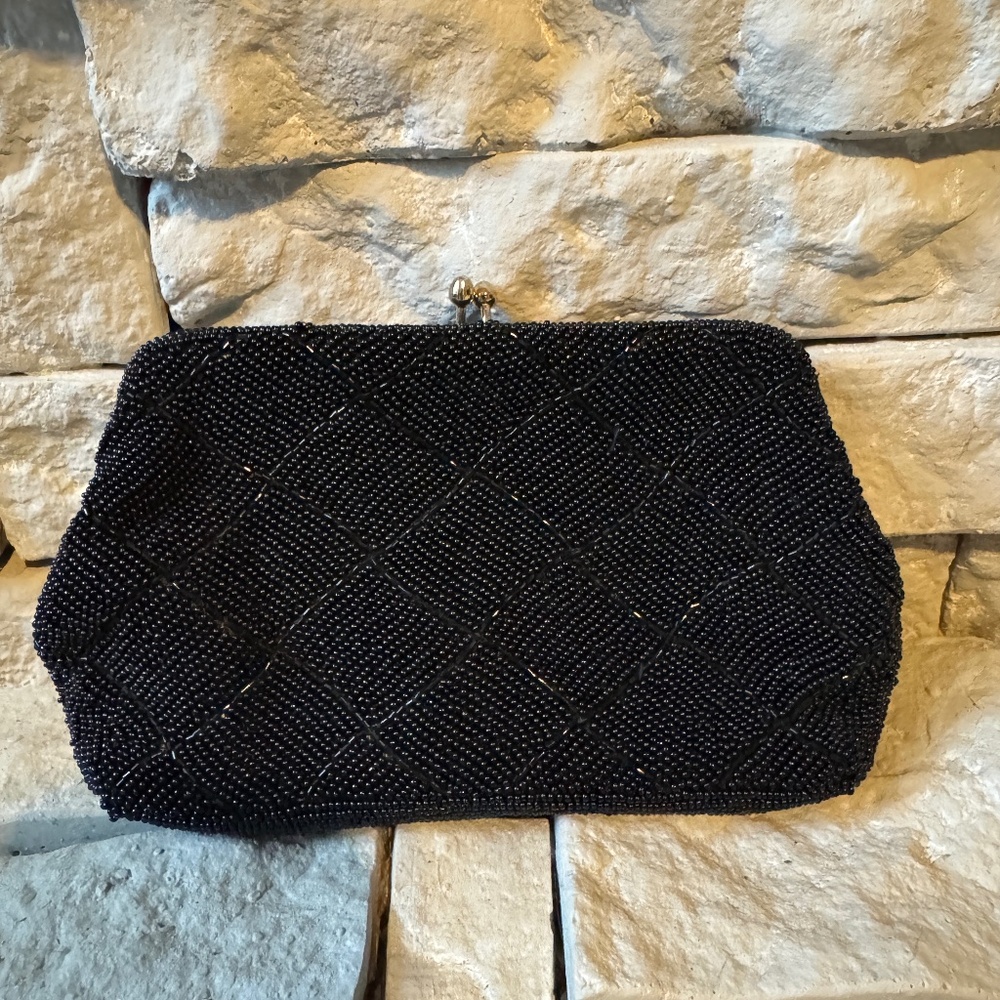 Vintage Black HAND Beaded Clutch Purse – Handmade in Japan FREE SHIPPING RARE